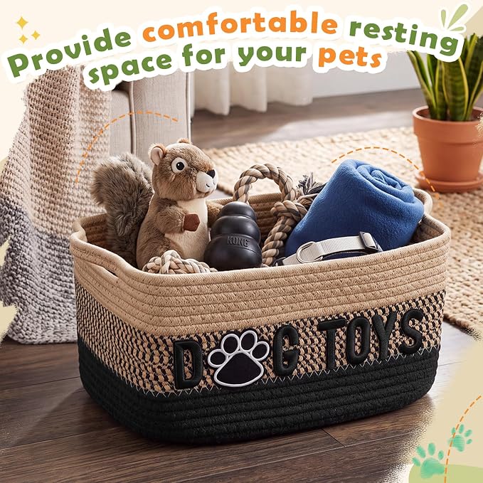 Large Dog Toy Basket with Handle, Quality Cotton Rope Dog Toy Bin | 17"x13"x7" Woven Baskets for Organizing, Large Pet Toy Storage Organizer for Accessories Coat Clothing Blanket Leash