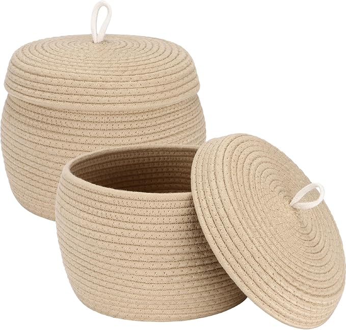 Sea Team Round Woven Cotton Rope Storage Basket with Lid, Khaki, 2-Pack | Lidded Knitted Decorative Storage Bin, Pot, Caddy, Organizer, Container for Snacks, Towels, Plants, 10 x 7.5 Inches