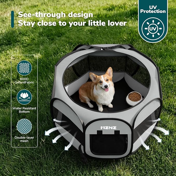 Dog Cat Small Animal Puppy Playpen Crate, Medium, Whole Grey | Portable Pop Up Pet Cage Enclosure Tent Kennel Indoor Outdoor with Carrying Case, No Assembly, Camping Use