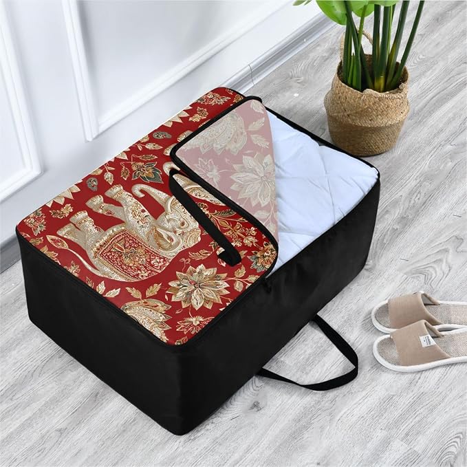 Comforter Storage Bags Large Folding Blanket Organizer Bag with Strong Handles Clear Window Closet Storage Containers for Clothes King Queen Pillows Bedding Quilt Duvet Red Elephants Florals Or