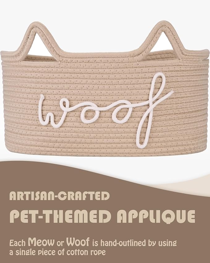 Sea Team Dog Toy Storage Basket with Handles and Ears, Beige Woof | Large Cotton Rope Storage Bin, Shelf Basket, Organizer for Pet Chew Toys, Foods, 16.5 x 11 x 7 Inches, 4.4 Gallons
