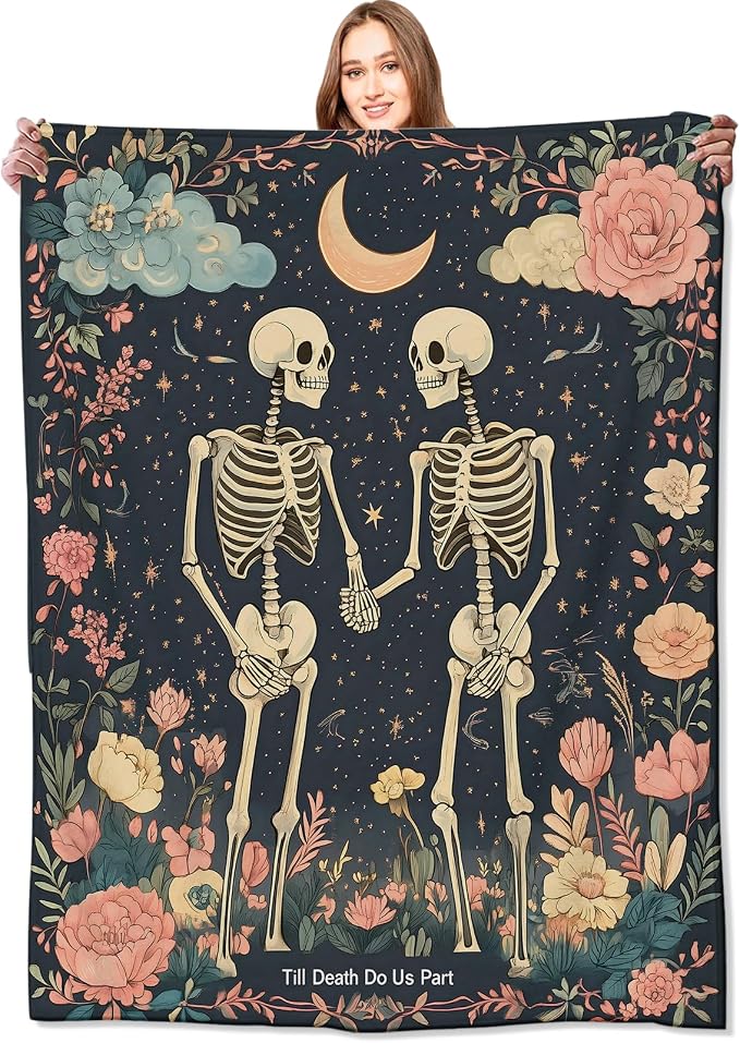 Gothic Skull Blanket Skeleton Romantic Throw Blankets with Flowers & Crescent Moon,Birthday Gifts for Kids Adult,Lightweight Soft Fleece,for Sofa Couch Bed Room Goth Halloween Decor 50x60in