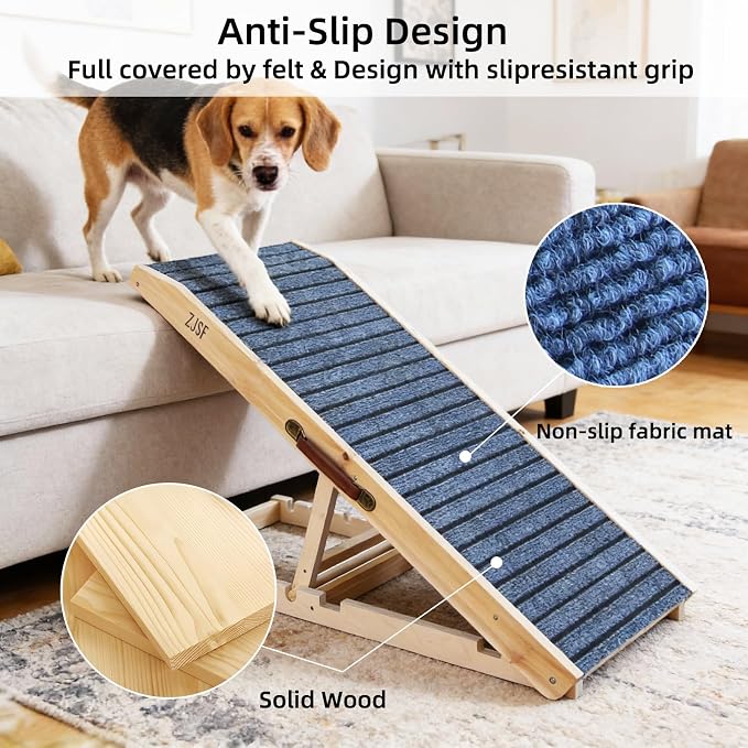 ZJSF Foldable Wooden Dog Ramp for High Bed, Dog Stairs for Small Dogs, High Traction Platform with 6 Adjustable Heights (14"-28"), 48" L, Supports up to 200 lbs