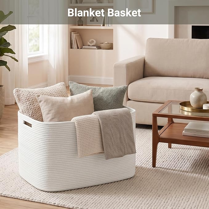 Large Laundry Basket/Hamper, 22"x17"x12", White | Rectangle Woven, Toy Storage, Baby Blanket Basket, With Handle, Shelf Basket
