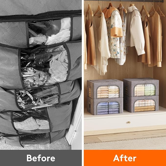 Lifewit Clothes Storage Bins with Metal Frame, Stackable Storage Box, Foldable Clothing Storage Bins with Lids, 25L Storage Bags Fabric Box Organizer with Clear Window＆ Zippers＆ Sturdy Handles 4 Pack