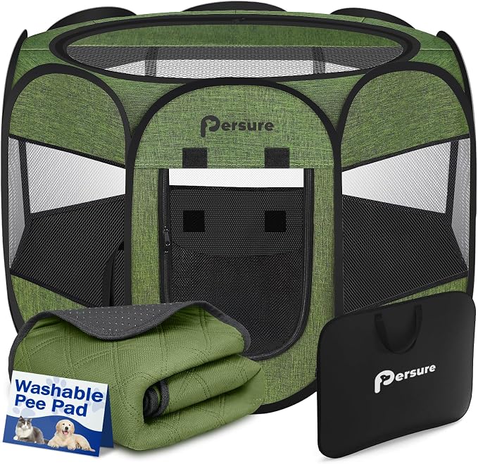 Persure Dog Cat Pet Playpen Puppy Crate Cage for Indoor Outdoor Travel | Nursing Rest Zone Recovering Pet Quarantine Room Portable Pop Up Easy to Set up lightweight(Premium Green with Pad,Small)
