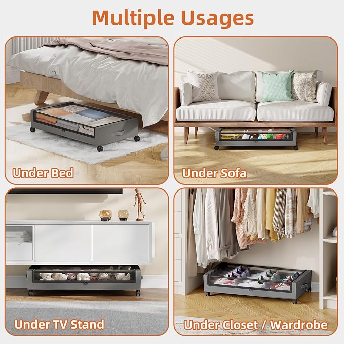 Somdot Under Bed Storage with Wheels, 2 Pack Under Bed Storage Containers | Underbed Shoe Storage Organizer with Clear Lids, Rolling Under The Bed Storage for Clothes, Blankets, Toys, Charcoal Grey