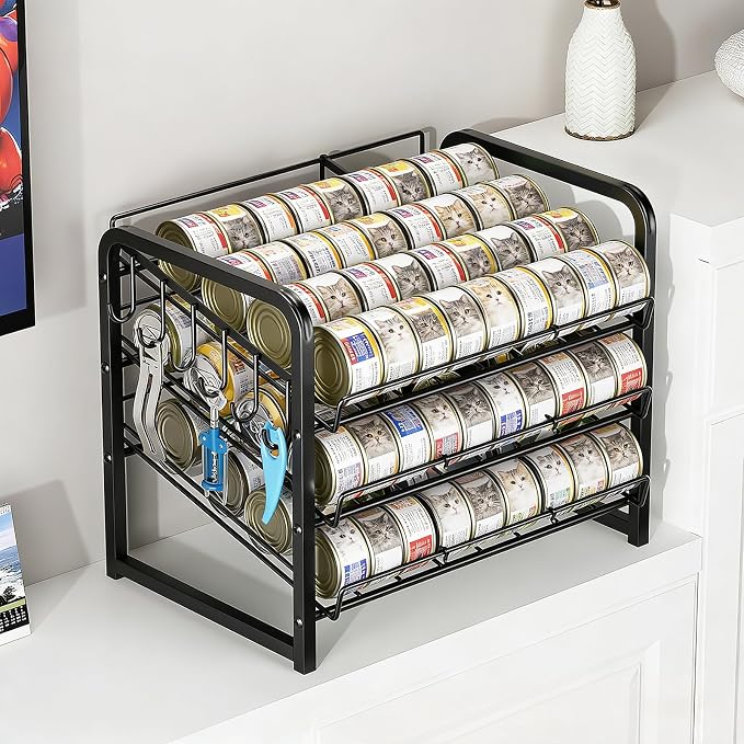 Iron Cat Food Container, Can Organizer for Pantry, Pet Food Storage Containers, 3-Tier Can Stackable Storage Rack with 6 Fixed Hooks, Canned Goods Organizer for Countertop Kitchen Cabinet, Black
