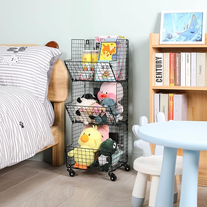 Sonyabecca 3 Tier Rolling Toy Organizer Cart with Wheels for Toy Storage | Outdoor toy storage basket and play kitchen organizer. Multi-purpose cart for snacks, books, pet supplies and home storage