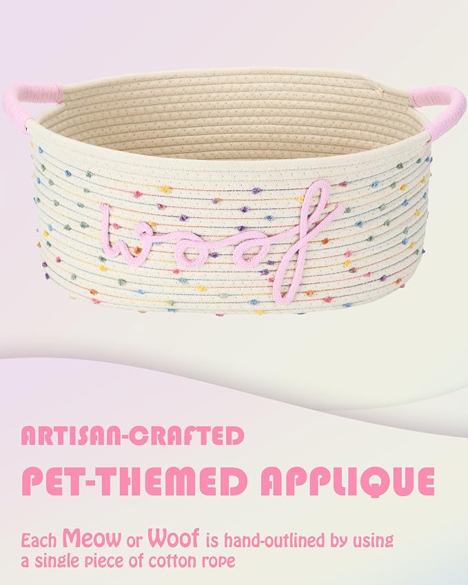 Sea Team Dog Toy Storage Basket with Handles, Rainbow Woof | Large Cotton Rope Storage Bin, Shelf Basket, Organizer for Pet Chew Toys, Foods, 16.5 x 11 x 7 Inches, 4.4 Gallons