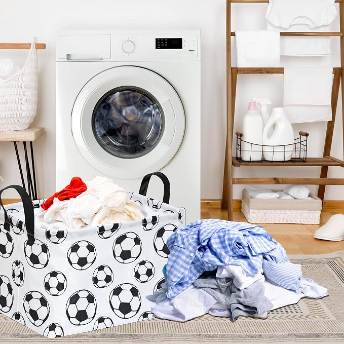 Football Storage Basket for Boys Room, Foldable Toy Organizer Bin | Cotton Linen Blend with Waterproof Lining, Sturdy Handles & Foldable Design for Toys, Clothes, Laundry and Home Organization