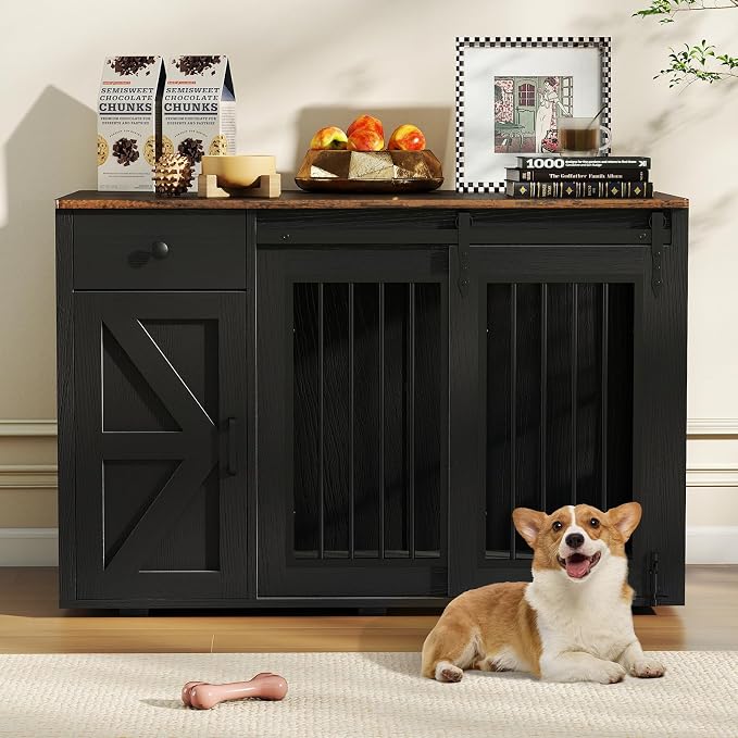 Verano Garden 44" Dog Crate Furniture, Dog Kennel (44" Left Facing Door) | 2-in-1, Lockable, Sliding Door, Removable Divider, Adjustable Shelf, Farmhouse, Heavy Duty, Small Medium Dogs, Black