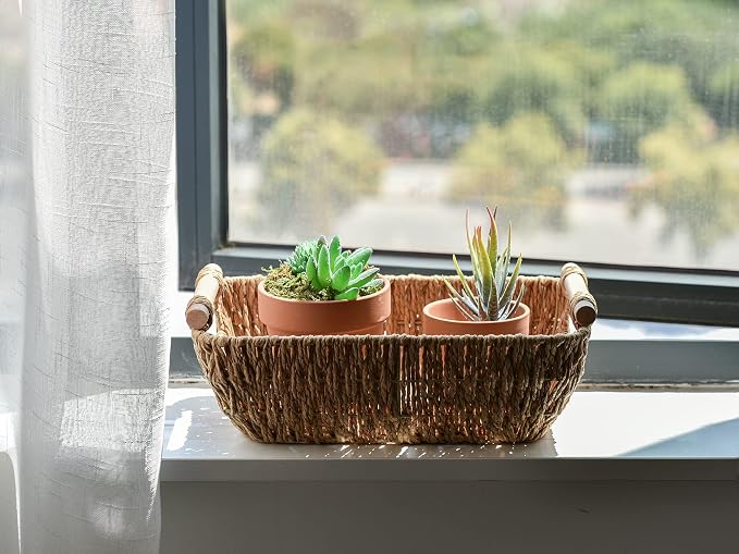StorageWorks Hand-Woven Small Wicker Baskets, Round Paper Rope Storage Baskets with Wooden Handles, Light Brown, 2-Pack | Wicker Storage Baskets for Shelves, Baskets with Wooden Handles, 2-Pack Gifts Basket for Home Decor, Hand-Woven Basket