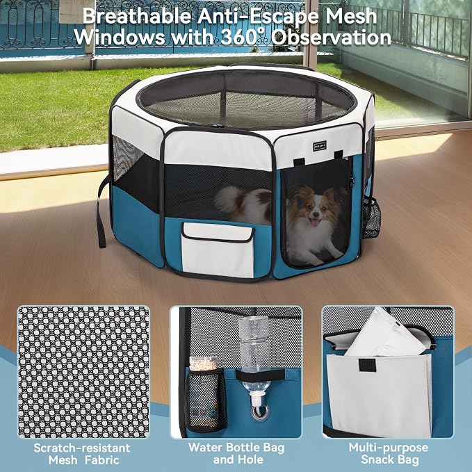 PETSFIT Portable Dog Playpen 29", Removable Waterproof Mat, Zippered Roof | 3-Second Setup, Collapsible Storage, RV Camping Travel, Indoor Outdoor Use, Small Dogs and Cats, 29.5"L x 29.5"W x 16.5"H