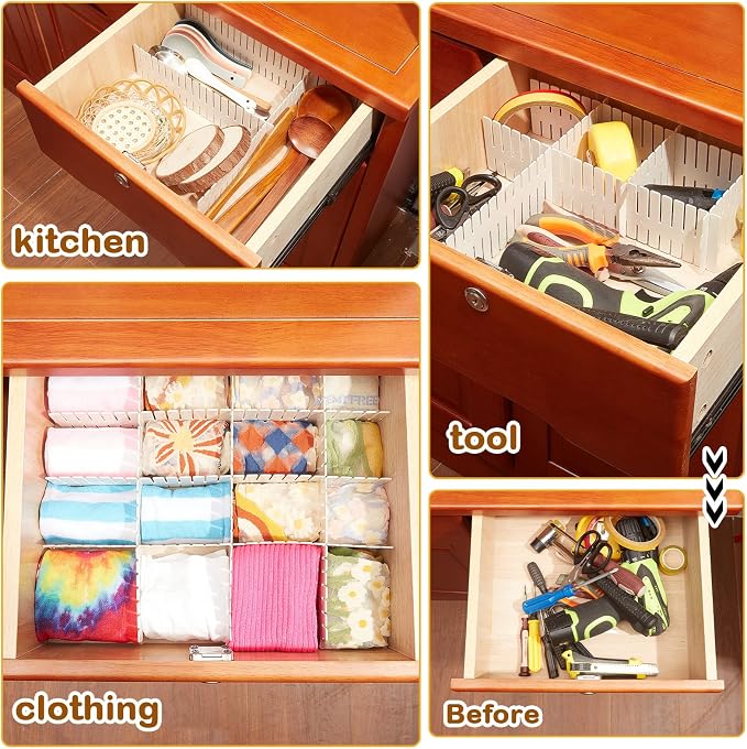 Vesici 80 Pcs Drawer Dividers Adjustable Plastic Organizer DIY Separators Storage Dividers for Socks, Underwear, Makeup, Tidy Kitchen, Bedroom, Dresser(White)