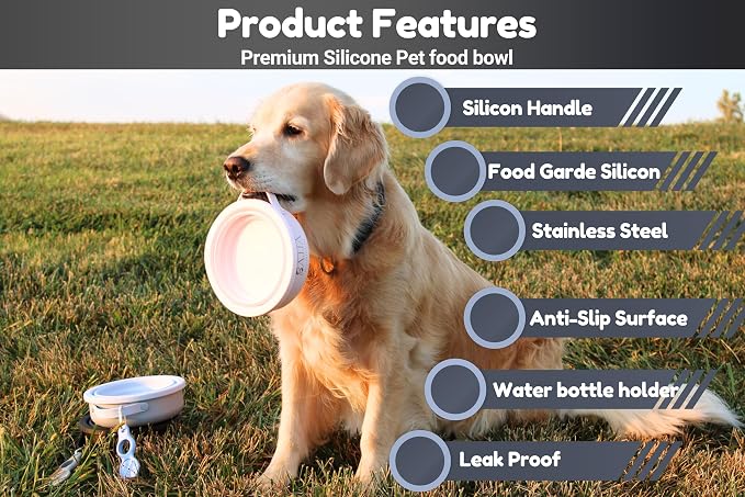 Black Collapsible Travel Dog & Cat Bowl – BPA-Free Silicone & 18/8 Stainless Steel, Portable Non-Slip Food & Water Bowl with Handle, Bottle/Poop Bag Holder – Claim Your