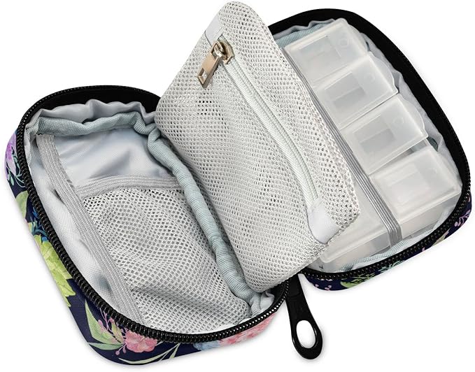 Hummingbird Floral Pill Case, Weekly Portable Pill Bag Container 7 Days Pill Box Organizer Vitamin Supplement Holder with Zipper for Travel Family Business