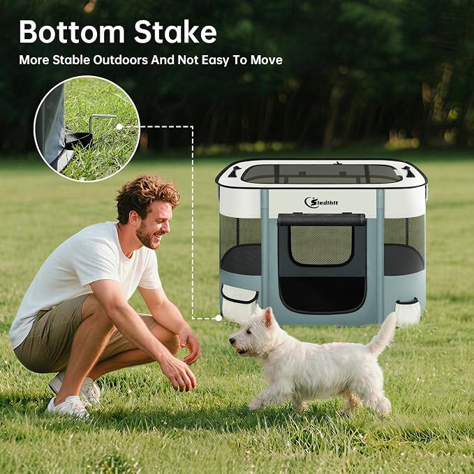 Siedihit 28" Dog Playpen,Cat Puppy Pen, Pet Portable Crate Indoor Outdoor | Durable Travel Camping Use,Foldable Dog Kennel Tent Cage for Rabbit Small Animals with Carrying Case(Grey with Blanket, Small
