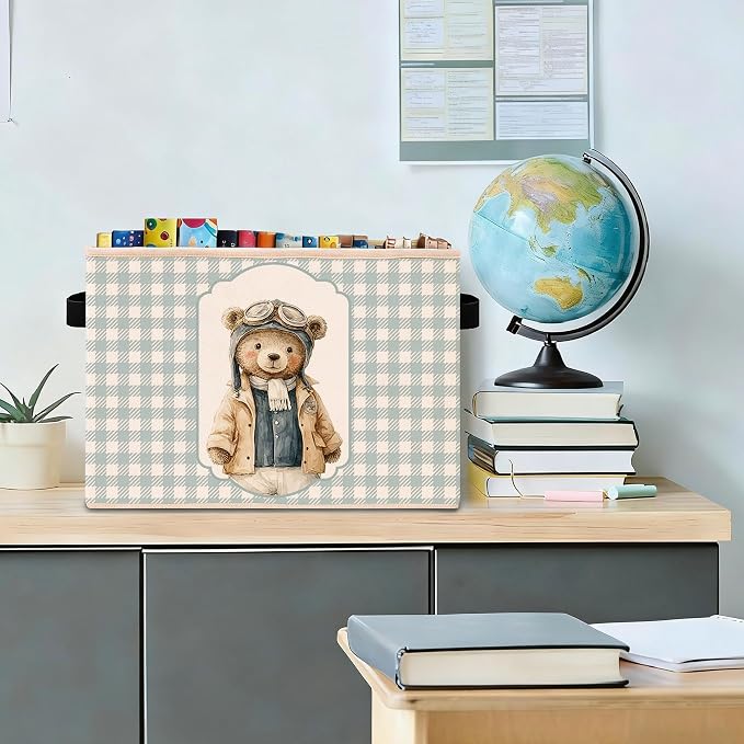 Airplane Bear Storage Bin, Pilot Teddy Plaid Foldable Fabric Basket | Cute pilot teddy bear fabric organizer for nursery, bedroom, playroom, toys, books, and clothes