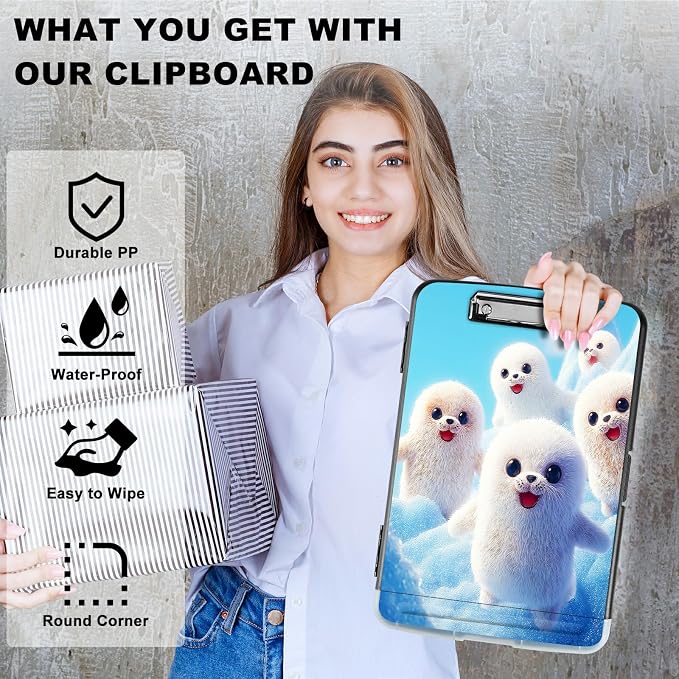 A4 Clipboard with Storage Pen Holder, Clipboards Organizer Nursing Clipboard Foldable File Folder Plastic Clipboard Folio Clip Board for Office Work Classroom Doctor, Snow Sea Lion