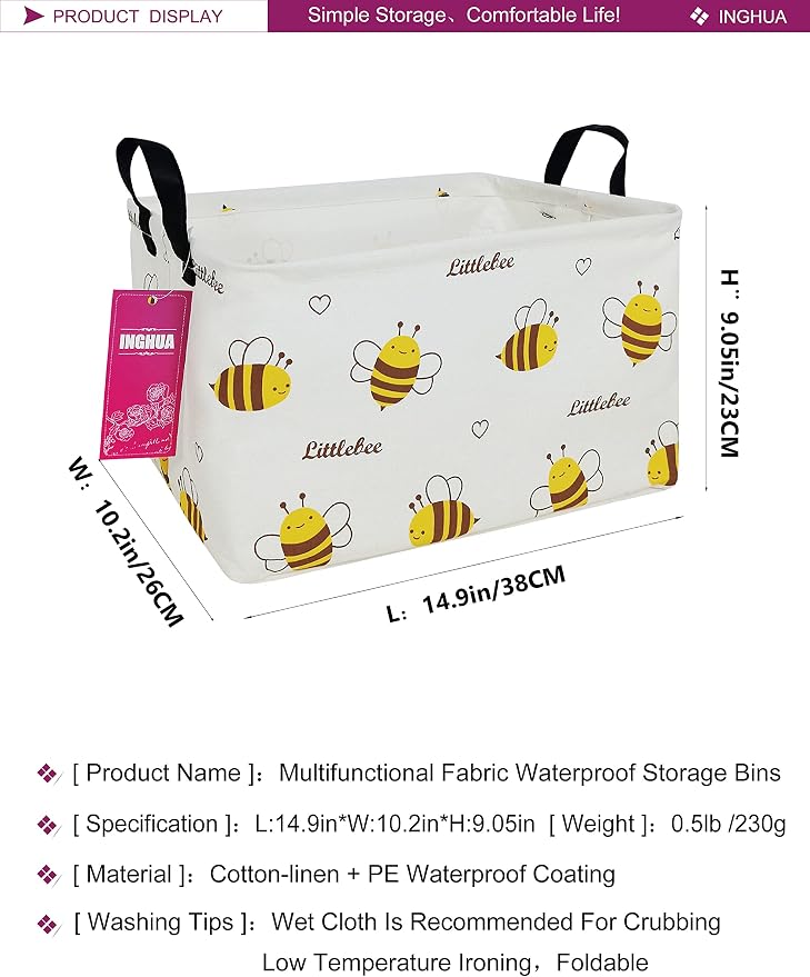 Rectangular Bee Storage Basket Gift Bag | Gifts Bag for Toys,Books,Clothes,Gifts,Pets-Perfect for Home,Office,Nursery,Dorm,Shelf
