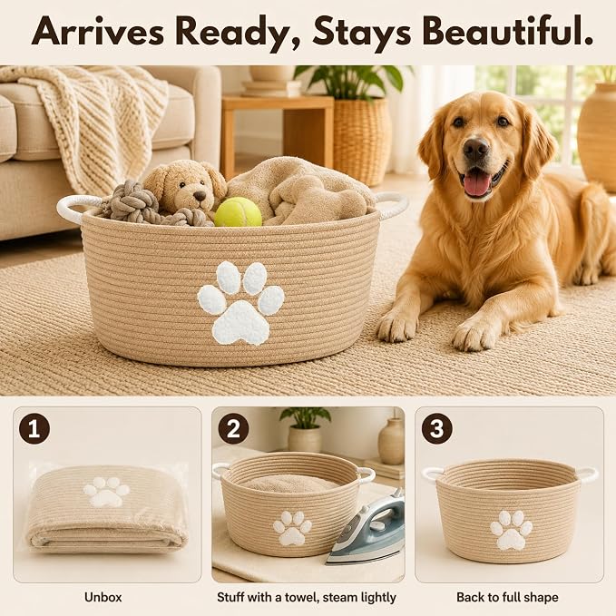 Dog Toy Basket with Handles, Boho Cotton Rope Storage Bin Organizer | Warm boho dog toy organizer, natural woven look. Holds toys, blankets & leashes. Machine washable, collapsible rope bin