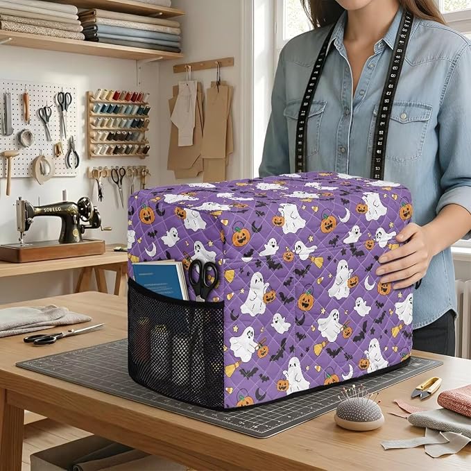 Sewing Machine Cover Polyester Febric Halloween Ghost Pumpkin | Dust Pet Hair Protection,Quilting Design,Fits Standard Singer,Brother Janome Machines,Protecting Decorating Your Sewing Space