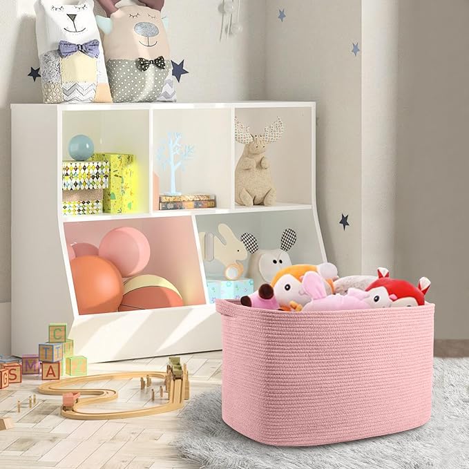 Extra Large Pink Storage Basket, 23.6" x 17" x 12" Rectangle Blanket Basket Living Room, Woven Cotton Rope Basket, Toy Basket Bins, Pink Baskets for Decor, Wicker Baby Laundry Basket