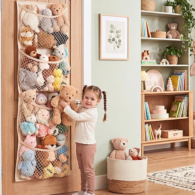 Cotton Over The Door Stuffed Animal Storage | Toy Organizer for Storage Plush Toys, Stuffed Animal Holder with 4 Large Pockets, Hanging Door Organizer for Nursery