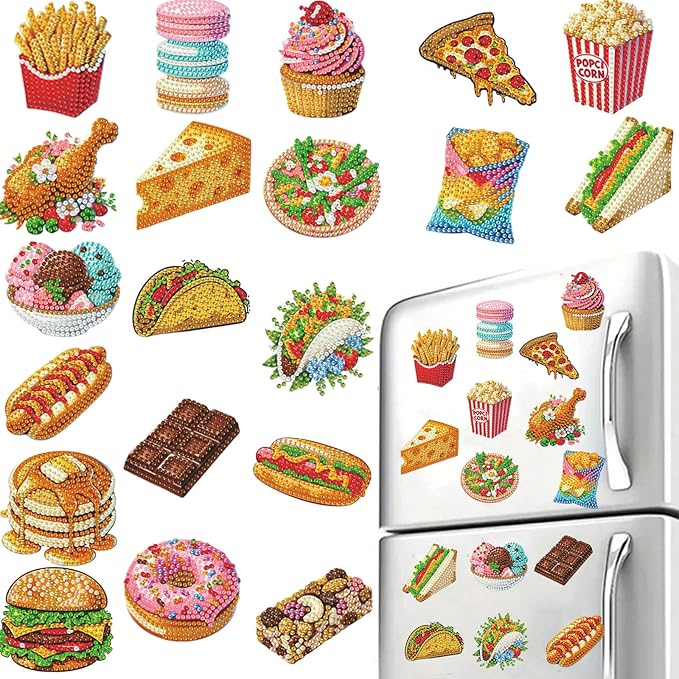 FRANDEK 20pcs Gourmet 2D Diamond Art Fridge Magnets Set | FRANDEK 20pcs 2D flat acrylic diamond art fridge magnets kit with tool kit and rhinestones; great DIY decor for home, office