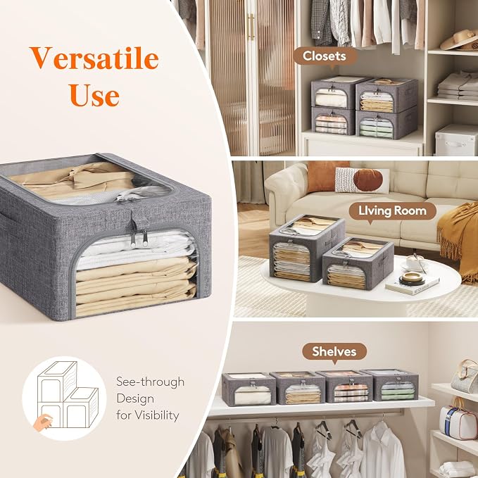 Lifewit Clothes Storage Bins with Metal Frame 3 Pack, Fabric Stackable Storage Bags with Lids, Zipper, Foldable Clost Organizers Containers for Clothing, Blanket, Winter Cloth, 25L