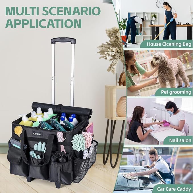 Large Rolling Cleaning Caddy Bag with Wheels, with Detachable Trolley, Cleaning Bags on Wheels for Housekeepers, Cleaning Cart Supplies Organizer for Home, Car, Picnic (Black)