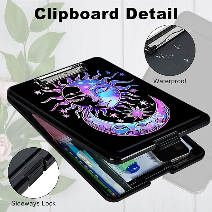 Purple Moon Sun A4 Clipboard with Storage Pen Holder, Clipboards Organizer Nursing Clipboard Foldable File Folder Plastic Clipboard Folio Clip Board for Office Students Classroom Doctor