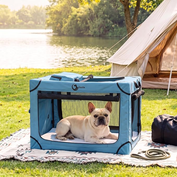 Portable Collapsible Soft Dog Crate for Small Dogs, 26in Blue | Oxford Cloth Travel Camping dog kennel with 4 Mesh Windows & 2 Storage Pockets,for Indoor & Outdoor Use