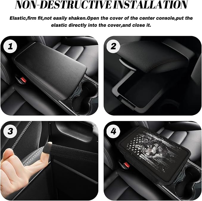 Howilath Car Console Cover, Arm Rest Cover for Car with Storage Pockets | Vintage Flag Wolf Elastic Strap Install, No Tools Needed, Washable, Protects Armrest from Pet Claws and Dirt