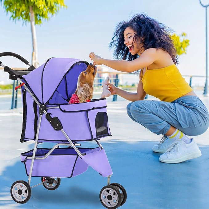 FDW Pet Stroller 3-Wheel Durable Foldable Cat Dog Stroller with Washable Liner Storage Basket Cup Holder,Purple