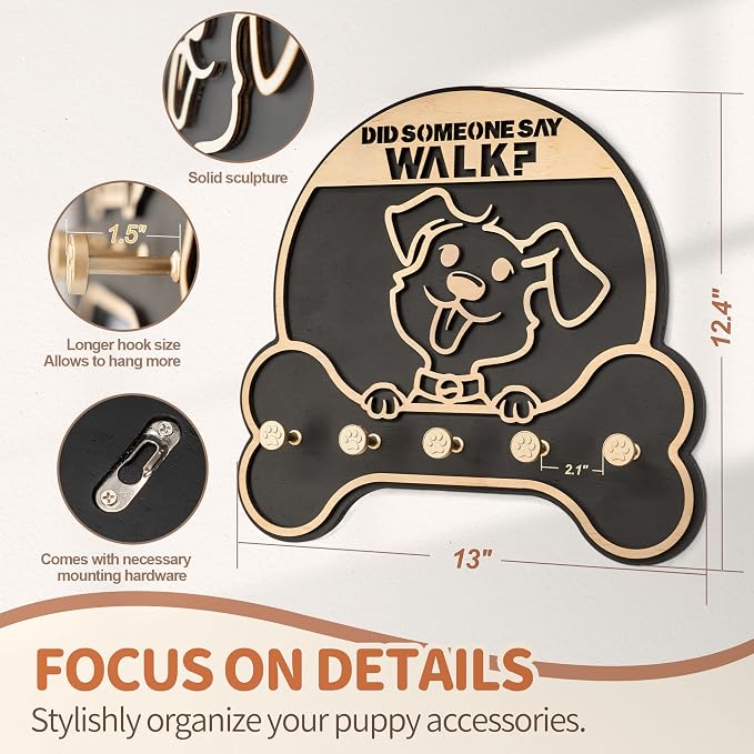 MTERSN Dog Leash Holder Wall Mount with 3D Paws Hooks for Home Decor, Black | Bone-Shape Dog Leash Holder for Wall, Decorative Leash Holder, 5 Dog Leash Hook, Pet Accessories Storage, Gift for Dog Lovers