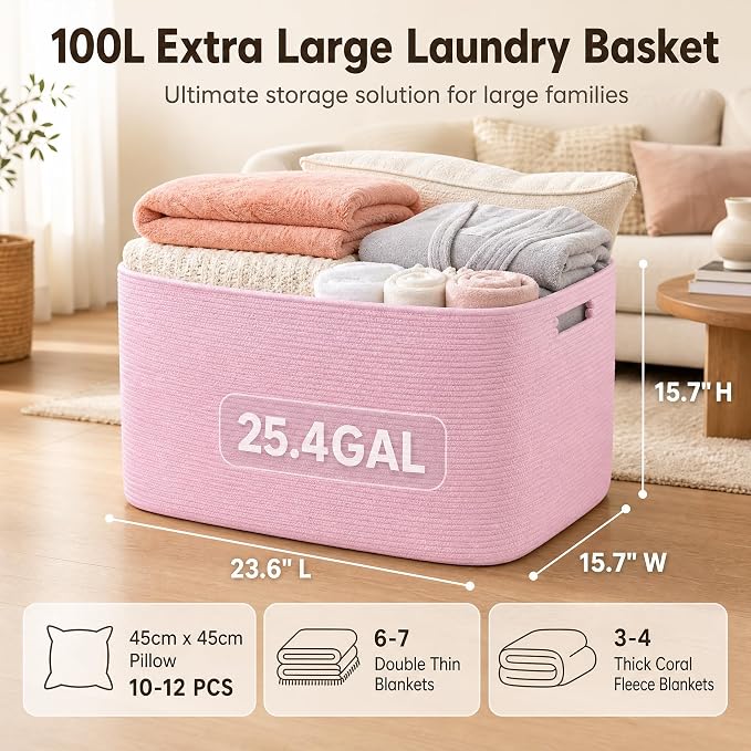 Cotton Rope Laundry Basket Extra Large, 25.4GAL Collapsible Woven Storage Baskets for Living Room Kids Toys Stuffed Animal,Boho Rectangular Decorative Hamper for Dirty Clothes, Blankets Light Pink