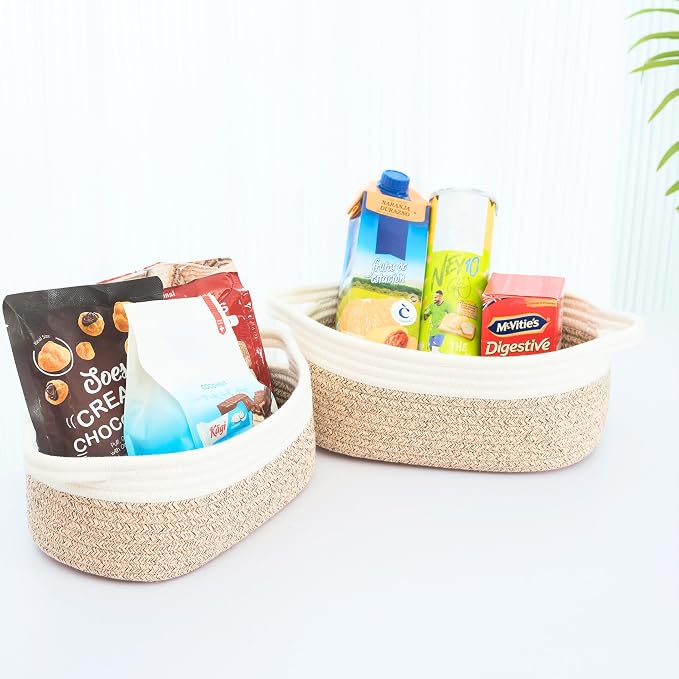 5-Piece Small Decorative Woven Storage Baskets Set for Shelves, Bathroom, Pantry and Nightstand Organizer, Catch All Tray for Organizing Gifts, Dog and Cat Toys, Light Brown