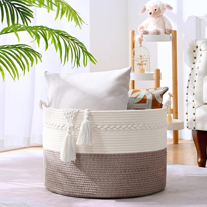67L Large Blanket Basket, 20"x13" Woven Storage Baskets With Handle, Cotton Rope Blanket Basket Living Room, Baby Laundry hamper for Blanket, Nursery, Toy, Pillow (White & Oatmeal)