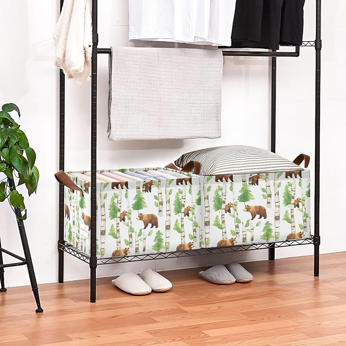 Watercolor Woodland Bear Forest Animal Baby Storage Basket with Labels&Handles Waterproof Nursery Storage Bins Collapsible Shelf Organizer Baskets for Kids Books Cloth Gift Toys Laundry, 2 Pack