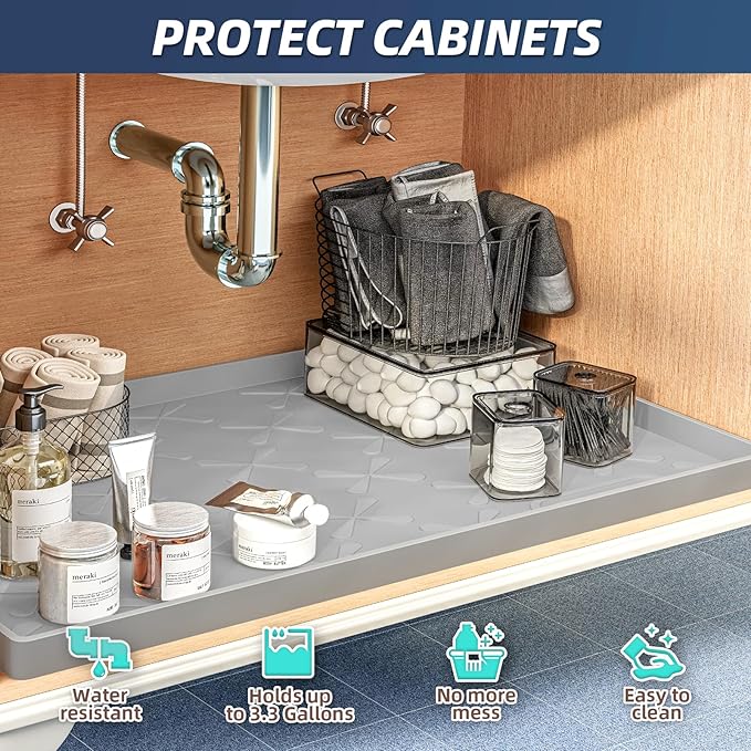 Waterproof Under Sink Mat Silicone 37"x19", Kitchen Cabinet Liner | BPA-Free Silicone Mat with Raised Lip Protects Cabinets from Leaks, Versatile Home Organizer for Bathroom, Pets, Boots, Floor