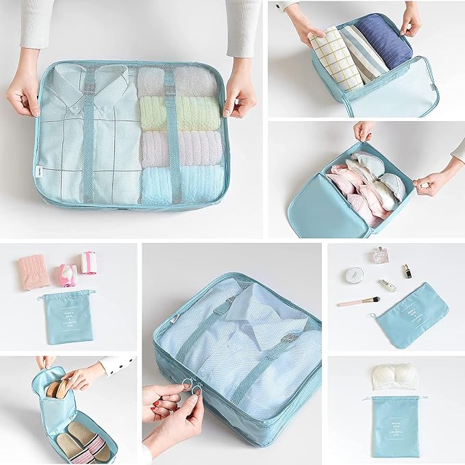 LANSKLBD 6/8 Set Packing Cubes for Suitcases Travel Luggage Packing Organizers,Travel Accessories Essentials Luggage Organizer with Shoe/Tioletry/Laundry Bag (Light Blue, 8 set)