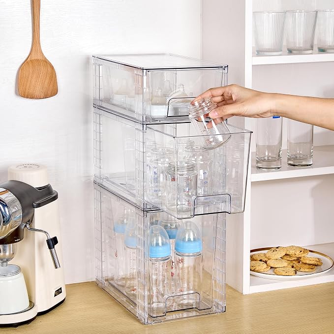 Vtopmart Clear Stackable Storage Drawers, 6 Pack Tall Organizer Set | Tall, Medium and Small Pull-Out PET Drawers with Stackable Design for Bathroom Under-Sink Storage and Vertical Organization
