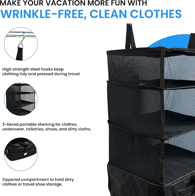 Stow-N-Go Hanging Travel Shelves, Packing Organizer for Luggage. Carry on Closet for Suitcase. Expandable Packing Cube. Travel Essentials. (Black - L, L = (L) 11.8" x (W) 11.8")