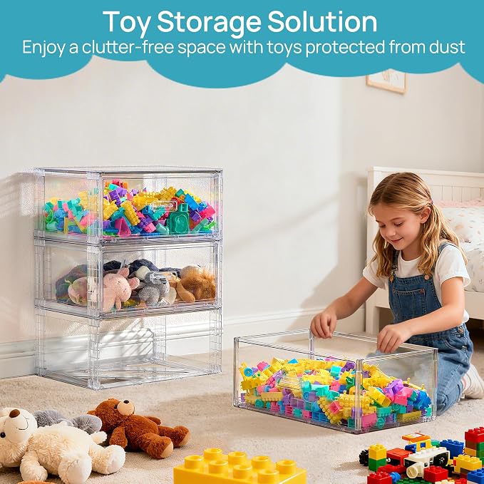 Vtopmart 4 Pack Large Clear Stackable Storage Drawers 23QT | Easily Assemble Plastic Closet Storage Bins, Dust-Proof UnderBed Organizer for Clothing, Sweater Organization