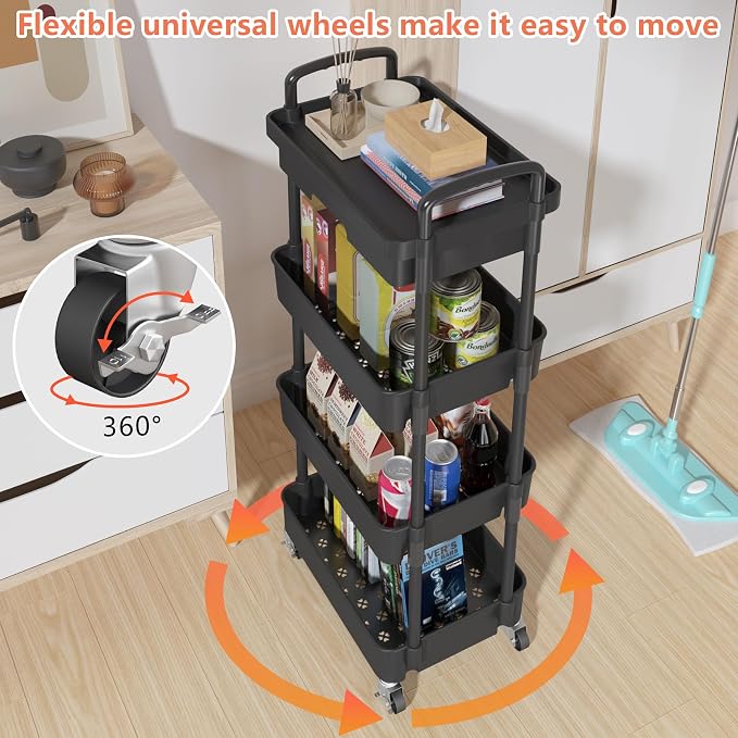 Calmootey 4-Tier Utility Cart with Drawer & Wheels, Storage for Home,Office | Space-Saving Organizer, Sturdy Plastic Shelves, Smooth-Rolling Metal Wheels, Built-in Drawer for Small Items, Black