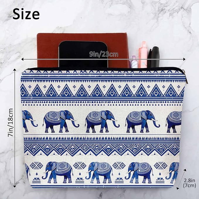 Elephant Cosmetic Bags For Women, Ethnic Geometric Elephant Roomy Makeup Bag Toiletry Bag Accessories Organizer Storage Bags Makeup Pouch For Travel Business Gym Camping Bathroom, Blue