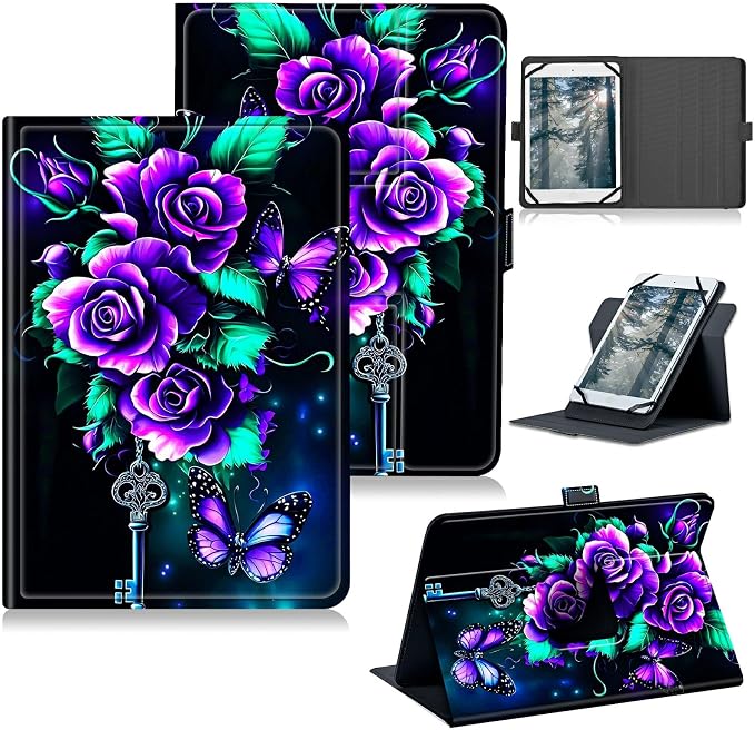 Universal Case for T-Mobile Revvl Tab 2 10.1" Model:9185W 2025/Revvl Tab 5G 10.36" 2023, 360 Degree Rotating Kickstand Protective Stand Leather Shell Cover for 9"-10.5", Purple Roses 02
