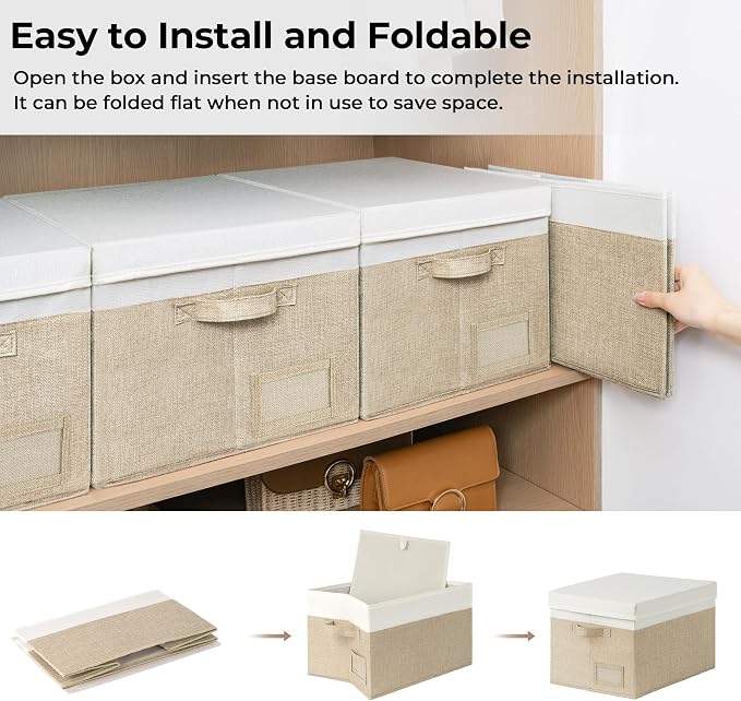 GRANNY SAYS Storage Bins with Lids, Decorative Storage Boxes with Lids | Storage Box with Dust Cover, Handles & Lable, Collapsible, Ideal for Closet Clothes Blanket Toys, Large, White&khaki, 3-Pack